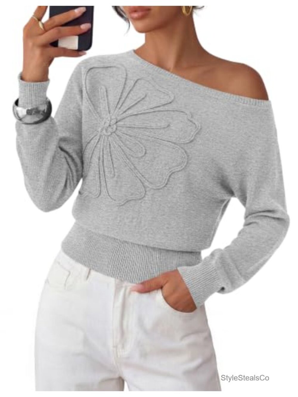 Off Shoulder Knit Pullover Sweater 3D Flower Long Sleeve